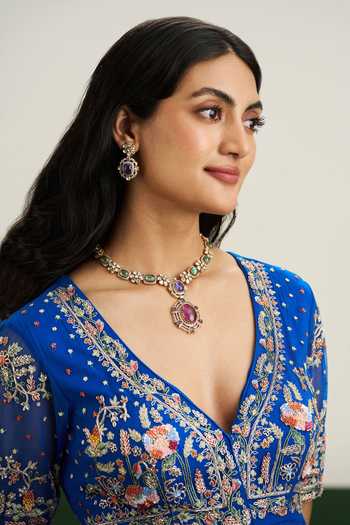 Shop Issa Studio By Chetana & Swathi Cobalt Net, Chiffon Plunge Neck Emily Pleated Dress Online at Aza Fashions Shop_Issa Studio By Chetana & Swathi_Cobalt Net, Chiffon Plunge Neck Emily Pleated Dress _Online_at_Aza_Fashions