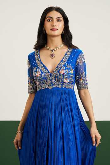Issa Studio By Chetana & Swathi Cobalt Net, Chiffon Plunge Neck Emily Pleated Dress at Aza Fashions Issa Studio By Chetana & Swathi_Cobalt Net, Chiffon Plunge Neck Emily Pleated Dress _at_Aza_Fashions