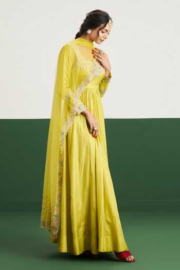 Issa Studio By Chetana & Swathi Yellow Silk, Net Sarah Embroidered Yoke Anarkali With Dupatta Online at Aza Fashions Issa Studio By Chetana & Swathi_Yellow Silk, Net Sarah Embroidered Yoke Anarkali With Dupatta _Online_at_Aza_Fashions