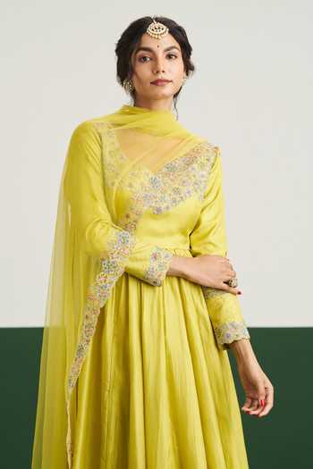 Shop Issa Studio By Chetana & Swathi Yellow Silk, Net Sarah Embroidered Yoke Anarkali With Dupatta Online at Aza Fashions Shop_Issa Studio By Chetana & Swathi_Yellow Silk, Net Sarah Embroidered Yoke Anarkali With Dupatta _Online_at_Aza_Fashions