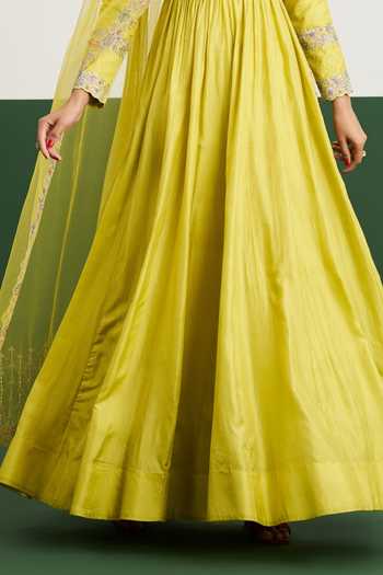 Issa Studio By Chetana & Swathi Yellow Silk, Net Sarah Embroidered Yoke Anarkali With Dupatta at Aza Fashions Issa Studio By Chetana & Swathi_Yellow Silk, Net Sarah Embroidered Yoke Anarkali With Dupatta _at_Aza_Fashions