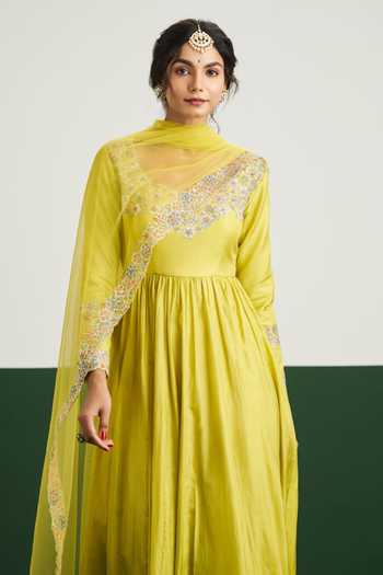 Buy Issa Studio By Chetana & Swathi Yellow Silk, Net Sarah Embroidered Yoke Anarkali With Dupatta Buy_Issa Studio By Chetana & Swathi_Yellow Silk, Net Sarah Embroidered Yoke Anarkali With Dupatta