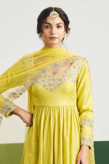 Shop Issa Studio By Chetana & Swathi Yellow Silk, Net Sarah Embroidered Yoke Anarkali With Dupatta Shop_Issa Studio By Chetana & Swathi_Yellow Silk, Net Sarah Embroidered Yoke Anarkali With Dupatta