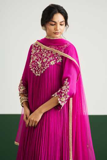 Issa Studio By Chetana & Swathi_Magenta Net, Chiffon Round Neck Rachel Embroidered Yoke Anarkali With Dupatta _Online_at_Aza_Fashions