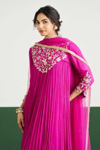 Buy_Issa Studio By Chetana & Swathi_Magenta Net, Chiffon Round Neck Rachel Embroidered Yoke Anarkali With Dupatta _Online_at_Aza_Fashions