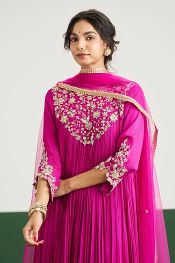 Shop_Issa Studio By Chetana & Swathi_Magenta Net, Chiffon Round Neck Rachel Embroidered Yoke Anarkali With Dupatta _Online_at_Aza_Fashions