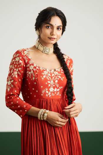 Buy Issa Studio By Chetana & Swathi Rust Silk, Net Sweetheart Neck Katie Pleated Embroidered Anarkali With Dupatta Online at Aza Fashions Buy_Issa Studio By Chetana & Swathi_Rust Silk, Net Sweetheart Neck Katie Pleated Embroidered Anarkali With Dupatta _Online_at_Aza_Fashions