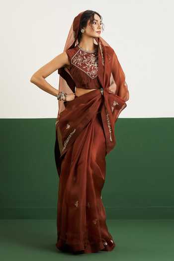 Issa Studio By Chetana & Swathi Brown Silk, Organza Round Neck Alyssa Embroidered Saree With Blouse Online at Aza Fashions Issa Studio By Chetana & Swathi_Brown Silk, Organza Round Neck Alyssa Embroidered Saree With Blouse _Online_at_Aza_Fashions