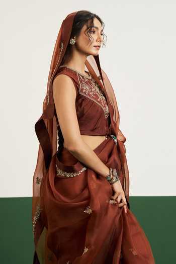 Shop Issa Studio By Chetana & Swathi Brown Silk, Organza Round Neck Alyssa Embroidered Saree With Blouse Online at Aza Fashions Shop_Issa Studio By Chetana & Swathi_Brown Silk, Organza Round Neck Alyssa Embroidered Saree With Blouse _Online_at_Aza_Fashions