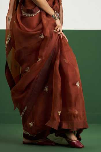 Buy Issa Studio By Chetana & Swathi Brown Silk, Organza Round Neck Alyssa Embroidered Saree With Blouse Buy_Issa Studio By Chetana & Swathi_Brown Silk, Organza Round Neck Alyssa Embroidered Saree With Blouse