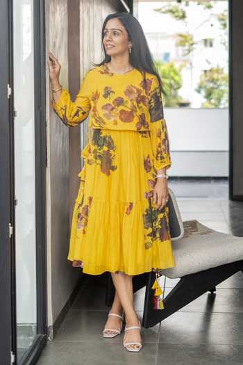 Issa Studio By Chetana & Swathi_Yellow Chanderi Round Neck Zalea Sunshine Pleated Dress _Online_at_Aza_Fashions