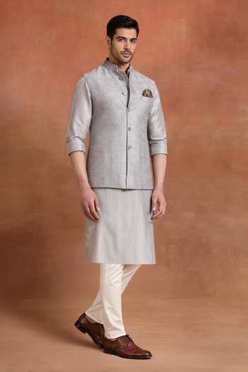Raghavendra Rathore Jodhpur_Grey Silk Ash Sovereign Nehru Jacket _Online_at_Aza_Fashions