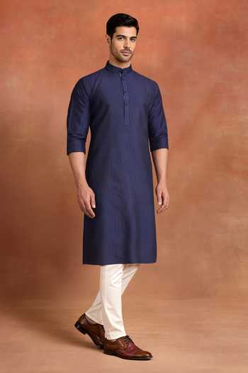 Raghavendra Rathore Jodhpur_Blue Cotton Dominion Kurta _Online_at_Aza_Fashions