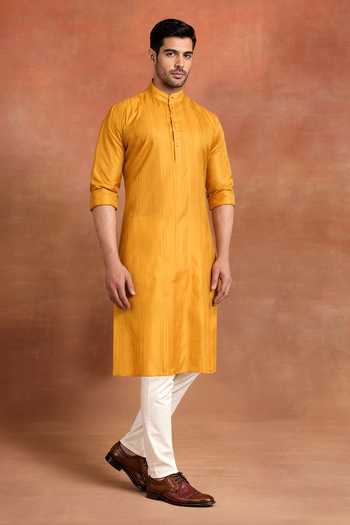 Raghavendra Rathore Jodhpur Mustard Cotton Golden Crest Kurta Online at Aza Fashions Raghavendra Rathore Jodhpur_Mustard Cotton Golden Crest Kurta _Online_at_Aza_Fashions