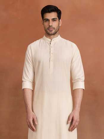 Raghavendra Rathore Jodhpur_Cream Cotton Sandstone Stitch Kurta _Online_at_Aza_Fashions