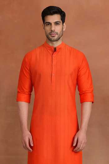 Raghavendra Rathore Jodhpur Orange Cotton Saffron Pintuck Kurta Online at Aza Fashions Raghavendra Rathore Jodhpur_Orange Cotton Saffron Pintuck Kurta _Online_at_Aza_Fashions
