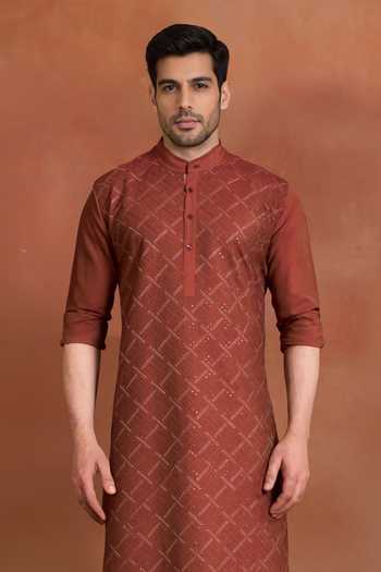 Buy Raghavendra Rathore Jodhpur Rust Cotton Terracotta Lattice Kurta Online at Aza Fashions Buy_Raghavendra Rathore Jodhpur_Rust Cotton Terracotta Lattice Kurta _Online_at_Aza_Fashions