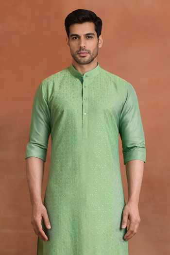 Raghavendra Rathore Jodhpur_Green Cotton Eden Weave Kurta _Online_at_Aza_Fashions