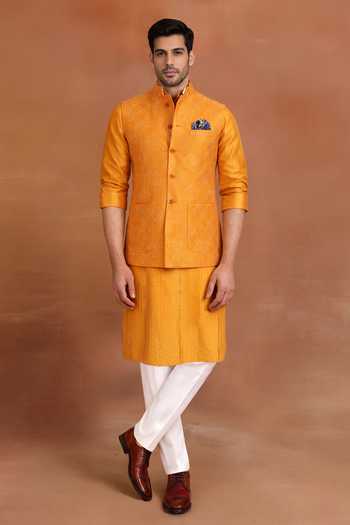 Raghavendra Rathore Jodhpur Mustard Silk Marigold Nehru Jacket Online at Aza Fashions Raghavendra Rathore Jodhpur_Mustard Silk Marigold Nehru Jacket _Online_at_Aza_Fashions
