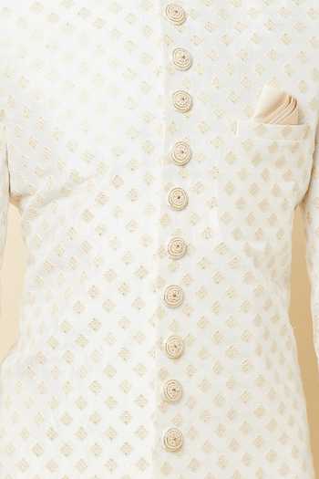 SPRING BREAK White Polyester, Cotton Embroidery, Sequins, Tassels Sherwani Set For Kids Online at Aza Fashions SPRING BREAK_White Polyester, Cotton Embroidery, Sequins, Tassels Sherwani Set For Kids_Online_at_Aza_Fashions