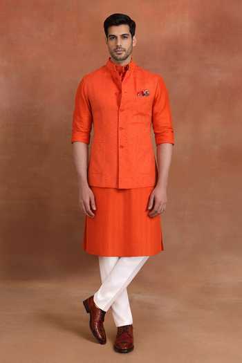 Raghavendra Rathore Jodhpur Orange Cotton Saffron Nehru Jacket Online at Aza Fashions Raghavendra Rathore Jodhpur_Orange Cotton Saffron Nehru Jacket _Online_at_Aza_Fashions
