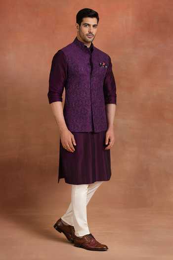 Raghavendra Rathore Jodhpur_Purple Silk Raw Heritage Nehru Jacket _Online_at_Aza_Fashions