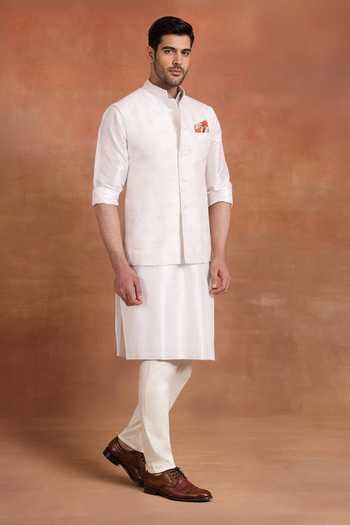 Raghavendra Rathore Jodhpur_White Silk Ecru Heritage Nehru Jacket _Online_at_Aza_Fashions