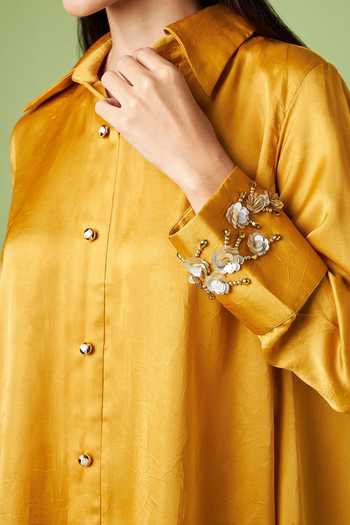 Aakaar Yellow Silk Embroidery Placement Floral Embellished Tunic Pant Set For Kids Online at Aza Fashions Aakaar_Yellow Silk Embroidery Placement Floral Embellished Tunic Pant Set For Kids_Online_at_Aza_Fashions