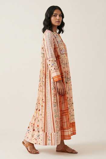 Shop Issa Studio By Chetana & Swathi Peach Chanderi V-neck Kiara Printed Tiered Dress Online at Aza Fashions Shop_Issa Studio By Chetana & Swathi_Peach Chanderi V-neck Kiara Printed Tiered Dress _Online_at_Aza_Fashions