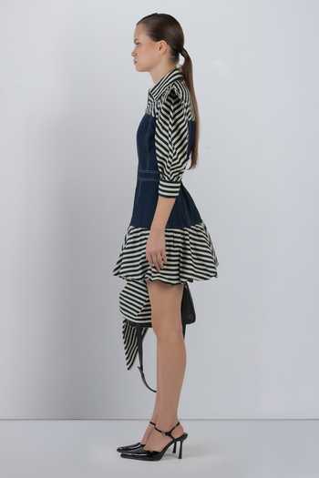 LEH STUDIOS_Blue Cotton Collared Neck Mer Stripe Pattern Dress _Online_at_Aza_Fashions