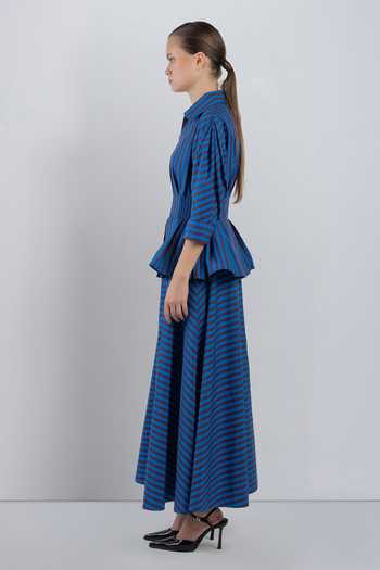 LEH STUDIOS_Blue Cotton Collared Neck Ame Stripe Print Dress _Online_at_Aza_Fashions