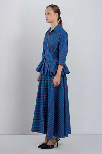 Buy_LEH STUDIOS_Blue Cotton Collared Neck Ame Stripe Print Dress _Online_at_Aza_Fashions