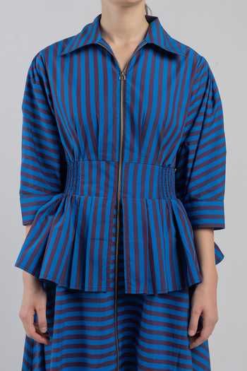 Shop_LEH STUDIOS_Blue Cotton Collared Neck Ame Stripe Print Dress _Online_at_Aza_Fashions