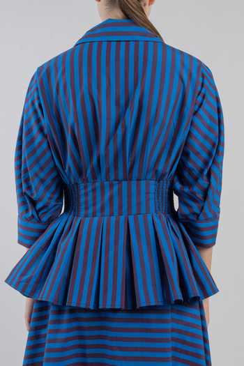 LEH STUDIOS_Blue Cotton Collared Neck Ame Stripe Print Dress _at_Aza_Fashions