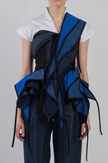 Buy LEH STUDIOS Blue Cotton Mandarin Collar Flots Layered Top Buy_LEH STUDIOS_Blue Cotton Mandarin Collar Flots Layered Top