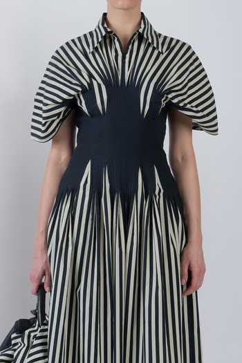 LEH STUDIOS_Black Cotton Collared Neck Zora Stripe Print Dress _Online_at_Aza_Fashions