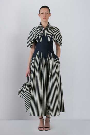 LEH STUDIOS_Black Cotton Collared Neck Zora Stripe Print Dress _at_Aza_Fashions