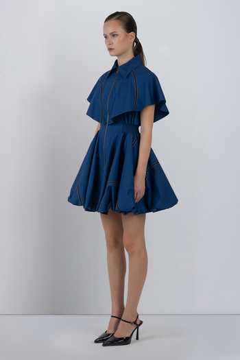 LEH STUDIOS_Blue Cotton Collared Neck Capri Bubble Hem Dress _Online_at_Aza_Fashions