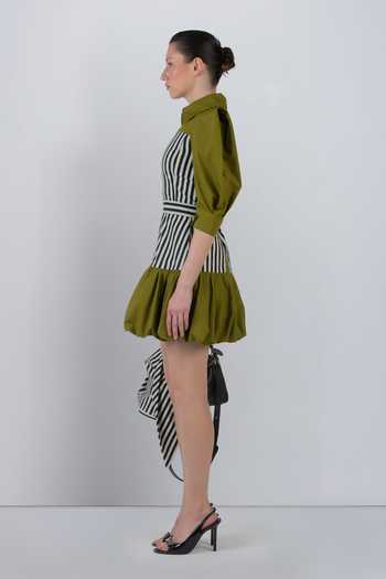 LEH STUDIOS_Black Cotton Collared Neck Mer Contrast Stripe Panel Dress _Online_at_Aza_Fashions
