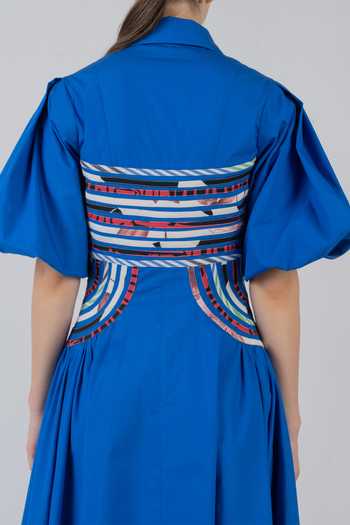 LEH STUDIOS_Blue Cotton Collared Neck Curva Dress _Online_at_Aza_Fashions