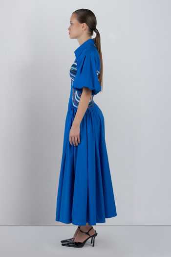Buy_LEH STUDIOS_Blue Cotton Collared Neck Curva Dress _Online_at_Aza_Fashions