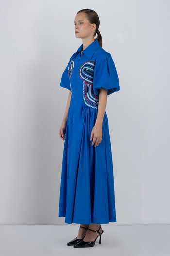 Shop_LEH STUDIOS_Blue Cotton Collared Neck Curva Dress _Online_at_Aza_Fashions