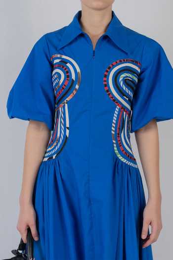 LEH STUDIOS_Blue Cotton Collared Neck Curva Dress _at_Aza_Fashions