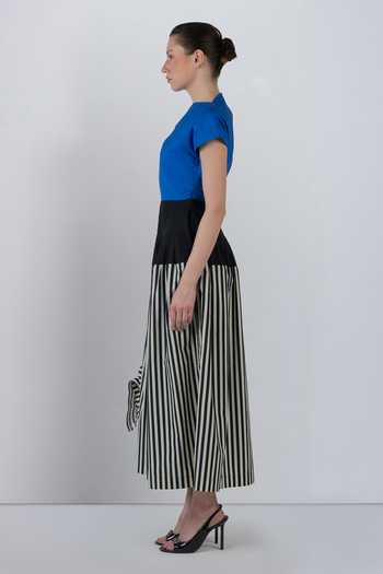 LEH STUDIOS_Black Cotton Asymmetric Neck Zelda Stripe Print Dress _Online_at_Aza_Fashions