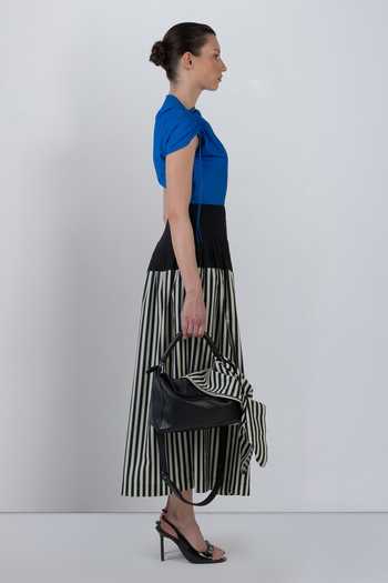 Buy_LEH STUDIOS_Black Cotton Asymmetric Neck Zelda Stripe Print Dress _Online_at_Aza_Fashions
