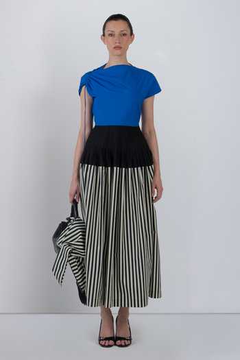Shop_LEH STUDIOS_Black Cotton Asymmetric Neck Zelda Stripe Print Dress _Online_at_Aza_Fashions