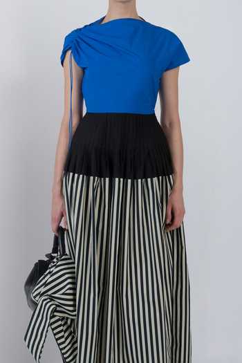 Buy_LEH STUDIOS_Black Cotton Asymmetric Neck Zelda Stripe Print Dress 