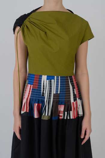 LEH STUDIOS_Green Cotton Asymmetric Neck Zelda Dress _at_Aza_Fashions