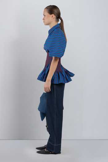 LEH STUDIOS_Blue Cotton Collared Neck Zora Stripe Print Top _Online_at_Aza_Fashions
