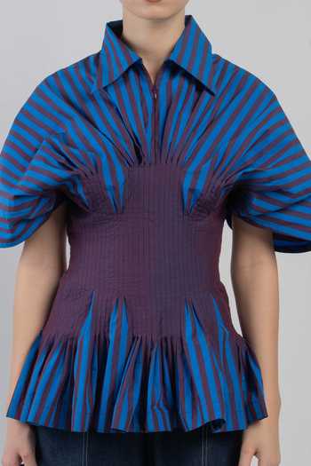 Buy_LEH STUDIOS_Blue Cotton Collared Neck Zora Stripe Print Top _Online_at_Aza_Fashions